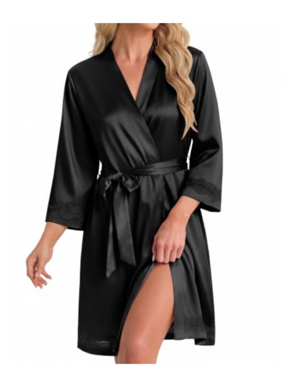 Ekouaer Silk Satin Lace Trim Kimono Robe